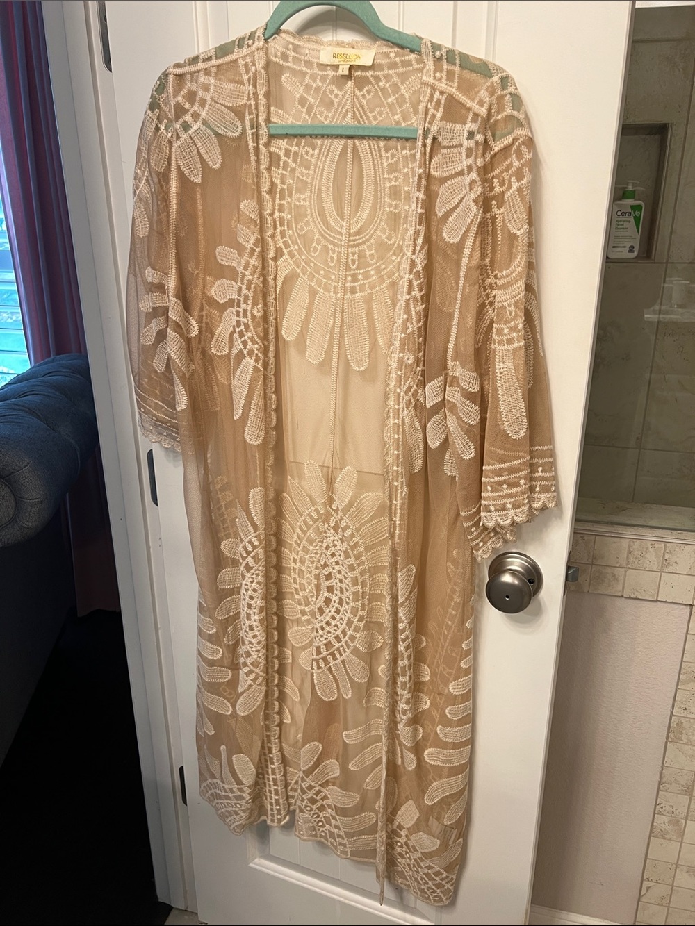 Sheer Embroidered Duster - Beige & White